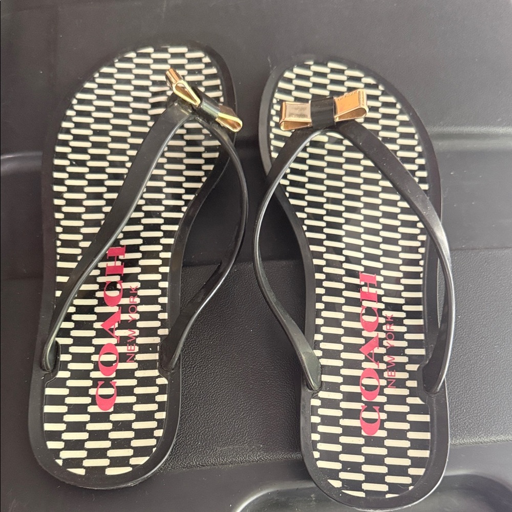Coach Black Sandals with Gold Bow Accents
